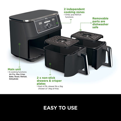 Ninja Foodi MAX Dual Zone Digital Air Fryer, 2 Drawers, 9.5L, 6-in-1, Uses No Oil, Max Crisp, Roast, Bake, Reheat, Dehydrate