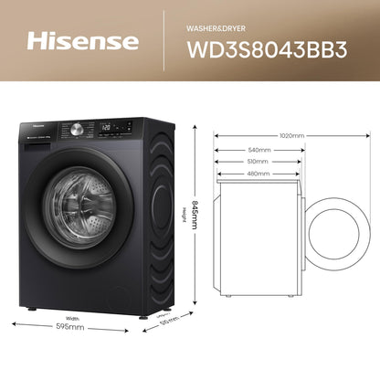 Hisense 3S Series WD3S8043BB3 Wifi Connected 8Kg and 5Kg Washer Dryer with 1400 rpm - Black - A-D Rated
