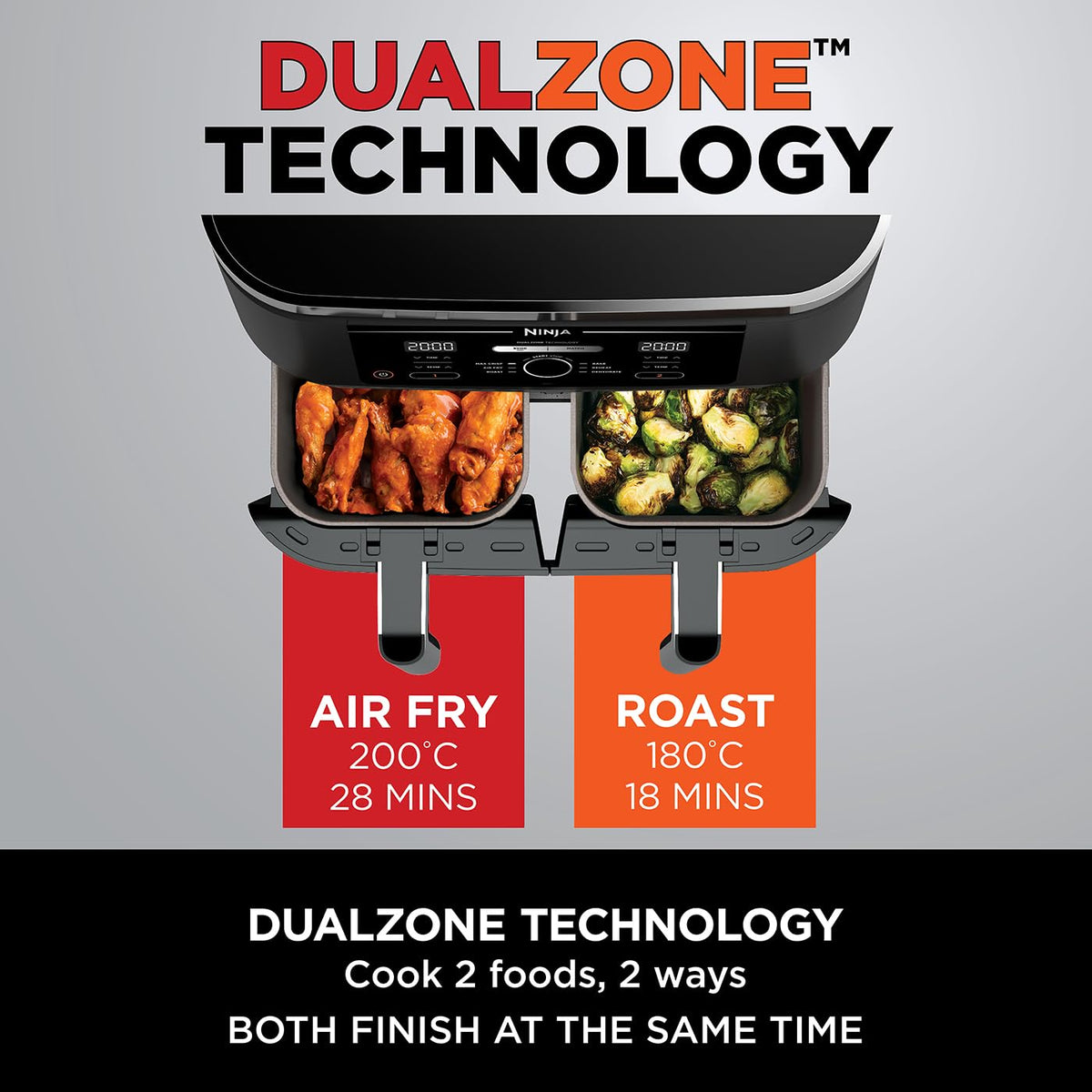 Ninja Foodi MAX Dual Zone Digital Air Fryer, 2 Drawers, 9.5L, 6-in-1, Uses No Oil, Max Crisp, Roast, Bake, Reheat, Dehydrate