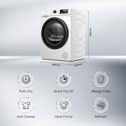 Hisense DH1Q802BW2 60cm Freestanding 8 KG Heatpump Front Load Tumble Dryer, 16 Programmes, Auto Dry