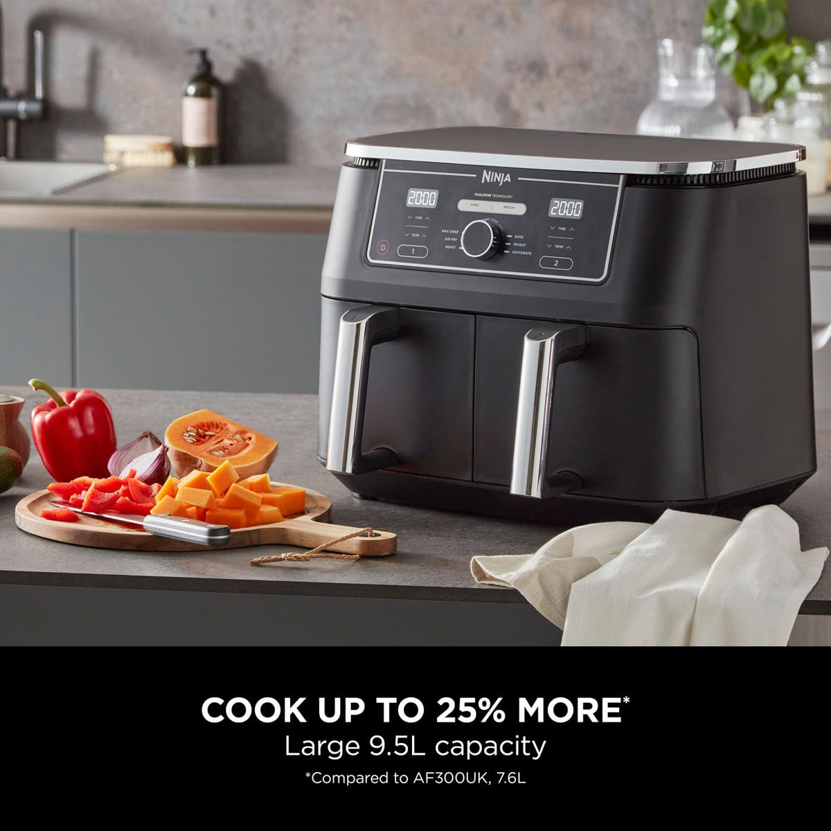Ninja Foodi MAX Dual Zone Digital Air Fryer, 2 Drawers, 9.5L, 6-in-1, Uses No Oil, Max Crisp, Roast, Bake, Reheat, Dehydrate