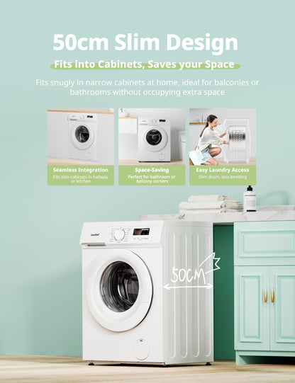 COMFEE' Freestanding Washing Machine,9KG Load,1400RPM,Steam Wash,Slim Design,Quick Wash