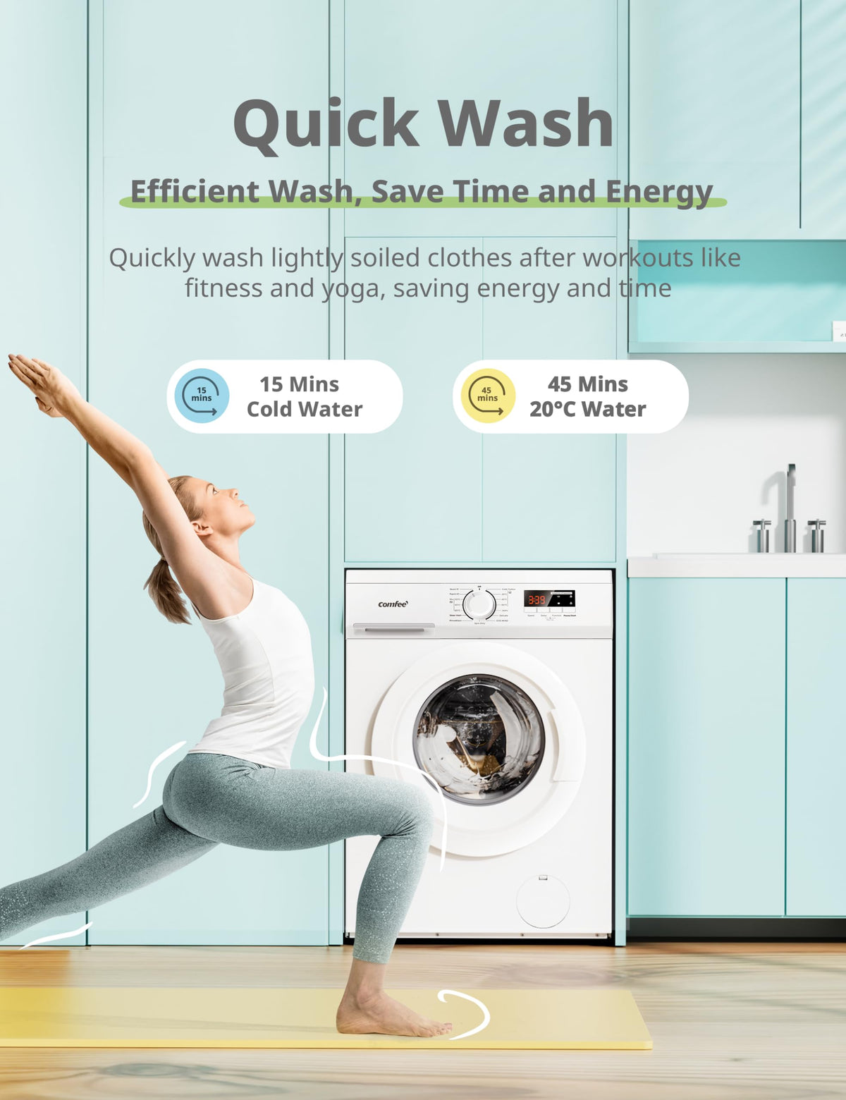 COMFEE' Freestanding Washing Machine,9KG Load,1400RPM,Steam Wash,Slim Design,Quick Wash