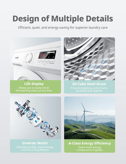 COMFEE' Freestanding Washing Machine,9KG Load,1400RPM,Steam Wash,Slim Design,Quick Wash
