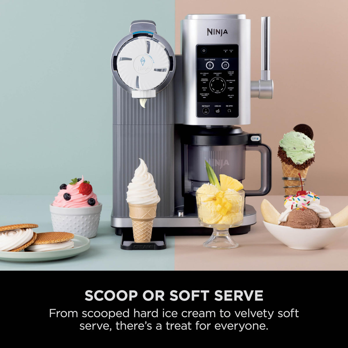 Ninja CREAMi Scoop and Swirl Soft Serve and Ice Cream Maker with 2x Tubs, 13 Functions, Makes Ice Cream, Soft Serve