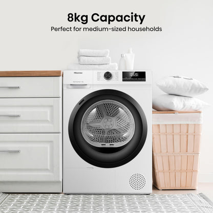 Hisense DH1Q802BW2 60cm Freestanding 8 KG Heatpump Front Load Tumble Dryer, 16 Programmes, Auto Dry