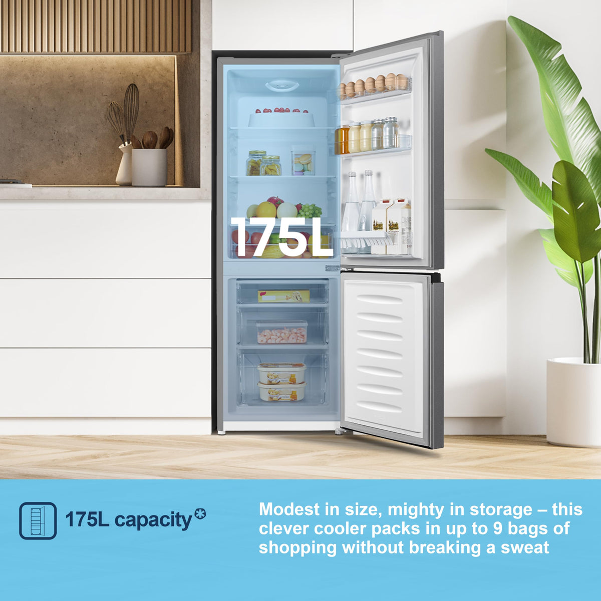 Fridgemaster MC50165EB 50cm Freestanding 60/40 Fridge Freezer - 175-litre capacity with Crisper box - Reversible Door
